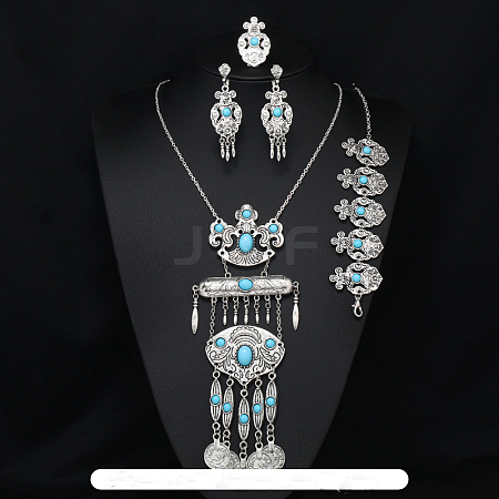 Oval Alloy with Resin Pendant Necklace & Stud Dangle Earring & Link Bracelet & Ring FS-WGB1F06-04-1