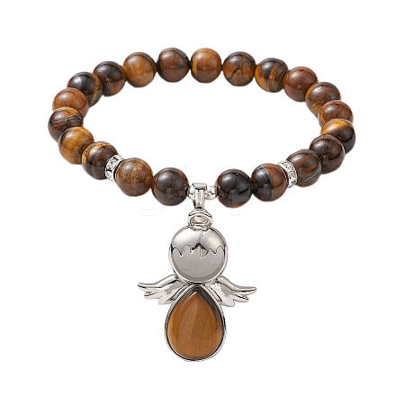 Natural Tiger Eye Stretch Bracelets with Angel Charms BJEW-JB11046-01-1