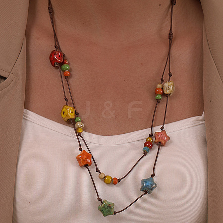Bohemian Handmade Colorful Porcelain Beaded Waxed Cord Long Necklaces for Women FS-WGF474B-04-1