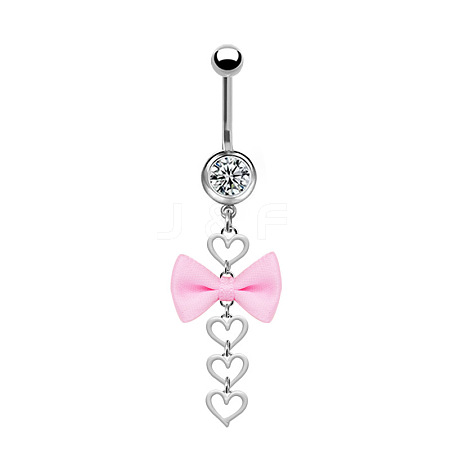 304 Stainless Steel Pave Cubic Zirconia with Cloth Bowknot Heart Dangle Belly Rings FS-WG03D58-07-1