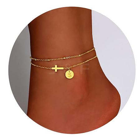 Brass Sideways Cross Link Anklets with Flat Round Initial Charms FS-WG12DAA-16-1