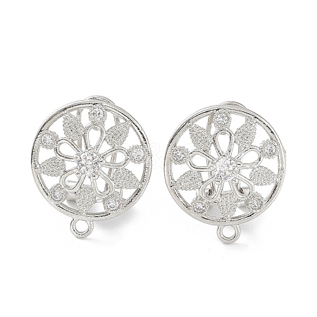 Hollow Flower Brass Micro Pave Cubic Zirconia Stud Earrings Finding KK-E083-09P-1