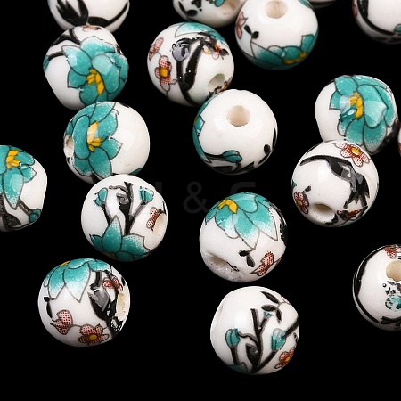 Floral Printed Porcelain Beads X-PORC-Q199-8mm-17-1