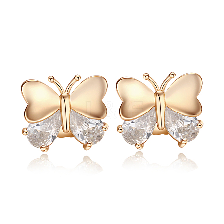 Real 18K Gold Plated Butterfly Brass Cubic Zirconia Stud Earrings EJEW-EE0001-221-1