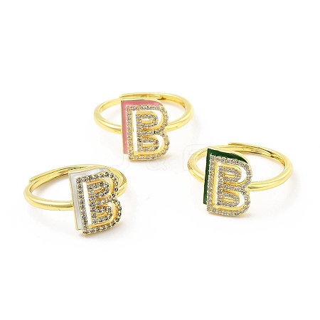 Mixed Color Enamel Initial Letter Adjustable Ring with Clear Cubic Zirconia RJEW-P045-01G-B-1