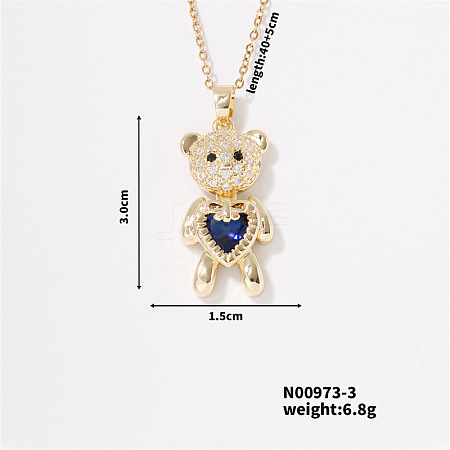 Fashionable Brass Pave Capri Blue Rhinestone Cable Chain Heart Bear Pendant Necklaces for Women XK4018-3-1