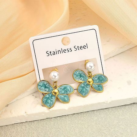 304 Stainless Steel Enamel Four Petal Flower Dangle Earrings WG22E93-03-1