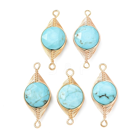 Natural Turquoise Faceted Hexagonal Cut Flat Round Links Connector Charms with Copper Herringbone Wire-Wrapped KK-Z152-07G-01-1