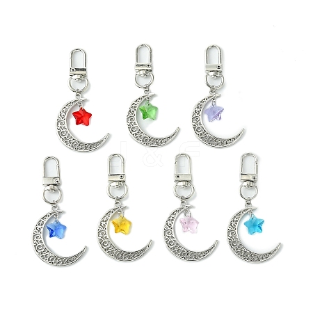 7Pcs 7 Colors Moon with Star Glass & Alloy Pendant Decoration HJEW-JM02109-1