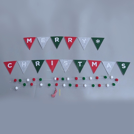 Merry Christmas Cloth Triangle Flag & Pompom Ball Banners DIY-WH0740-24-1