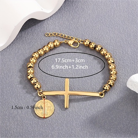 Cross & Flat Round with Saint Benedict 304 Stainless Steel Link Bracelets FS-WG3BB4A-01-1