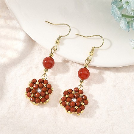 Natural Red Jasper & Carnelian and Shell Pearl Braided Dangle Earrings EJEW-MZ00789-02-1
