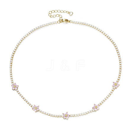 Cubic Zirconia Classic Tennis Necklace with Flower Links NJEW-N048-01F-1