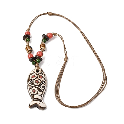Ceramic Fish Pendant Adjustable Waxed Cord Necklaces for Women LS-NJEW-B146-04-1