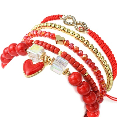 5Pcs 5 Style Glass & Brass Beaded Stretch Bracelets Set BJEW-TA00298-1