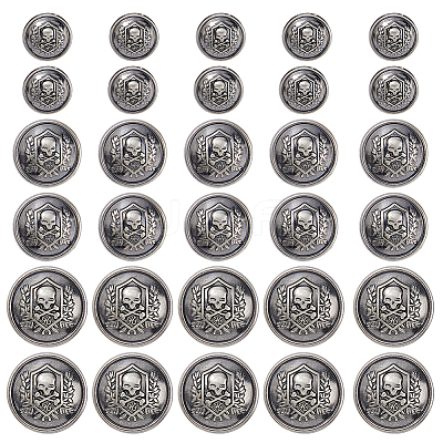 30Pcs 3 Styles Skull with Flat Round Alloy Shank Buttons BUTT-FH0001-038AS-1