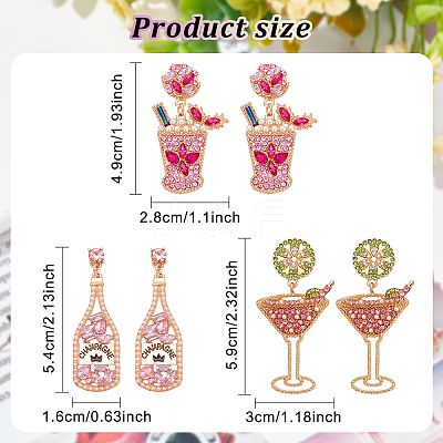 3 Pairs 3 Style Rhinestone Wine Glass Dangle Stud Earrings EJEW-AN0003-61-1