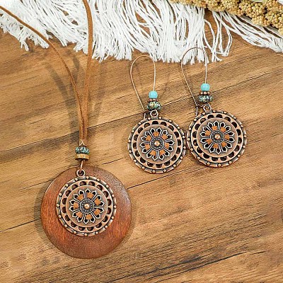 Bohemian Alloy & Wood Pendant Necklaces & Dangle Earrings Sets WG08C2E-01-1