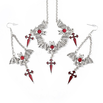 FireBrick Enamel Bat with Cross Pendant Necklace & Dangle Earrings SJEW-G081-03AS-1