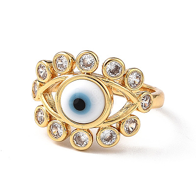 Lampwork Evil Eye Open Cuff Ring with Clear Cubic Zirconia RJEW-L104-03G-02-1