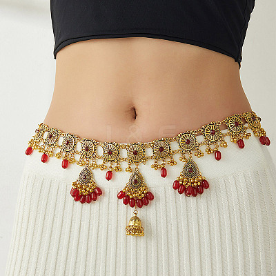 Bohemian Alloy Rhinestone & Glass Teardrop Tassel Waist Belly Chains for Women FS-WG246E4-01-1