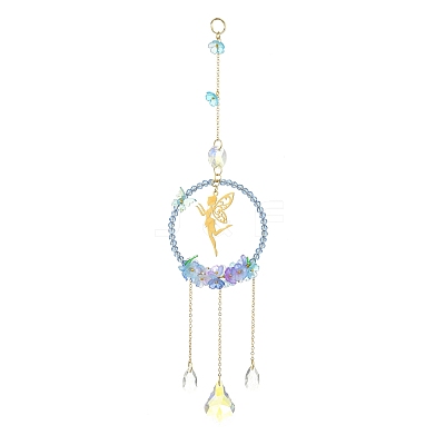 Teardrop Flower Glass & Acrylic Beads Suncatcher with 201 Stainless Steel Fairy Pendants HJEW-JM04988-02-1