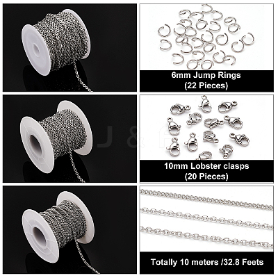 30m 3 Style 304 Stainless Steel Cable & Curb Chains for DIY Chain Necklace Making Kit CHS-BC0001-12-1