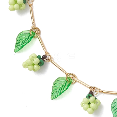 Acrylic Leaf & Glass Seed Beaded Grapes Tassel Brass Bar Link Chain Anklets for Women AJEW-MZ00008-02-1