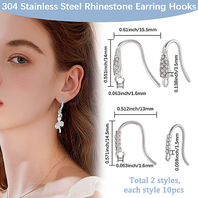 20Pcs 2 Styles 304 Stainless Steel Rhinestone Earring Hooks STAS-BBC0007-16A-1