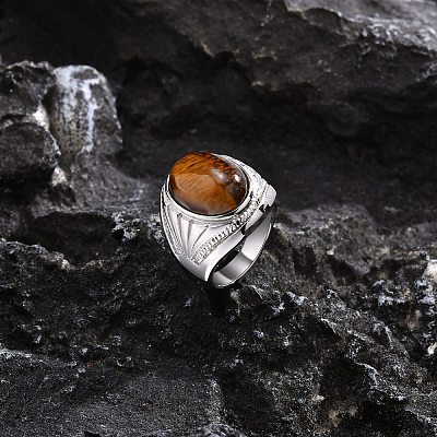 Oval Natural Tiger Eye Finger Rings PW-WG14D78-04-1