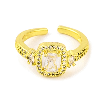 Rectangle Brass Micro Pave Clear Cubic Zirconia Open Cuff Ring for Women RJEW-U003-12G-1