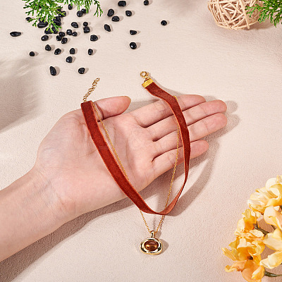 Alloy Resin Oval Pendant Single Face Dark Red Velvet Ribbon & Brass Chain Double Layered Choker Necklaces NJEW-TAC0038-1