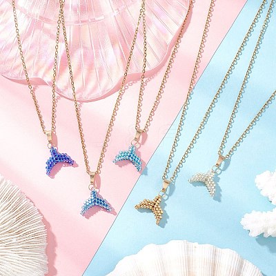 MIYUKI Delica Beads Beaded Mermaid Tail Pendant 304 Stainless Steel Cable Chain Necklaces for Women NJEW-MZ00130-1
