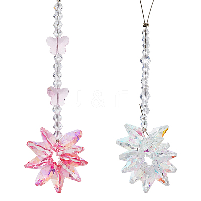 2Pcs 2 Styles Flower & Snowflake Glass Pendant Decorations HJEW-FH0001-83-1