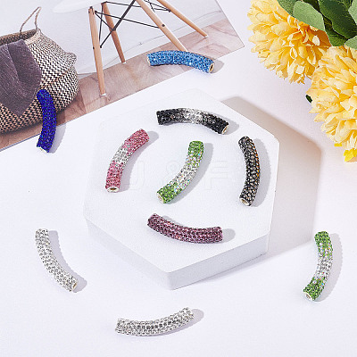 16Pcs 8 Style Brass Rhinestone & Polymer Clay Rhinestone Curved Tube Beads RB-SC0001-07-1