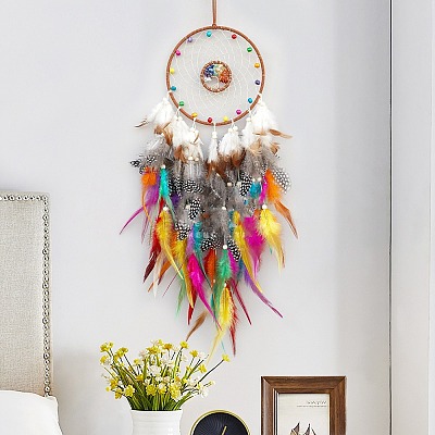 Natural Mixed Stone Chips & Woven Net/Web with Feather Hanging Ornaments HJEW-A013-03B-1