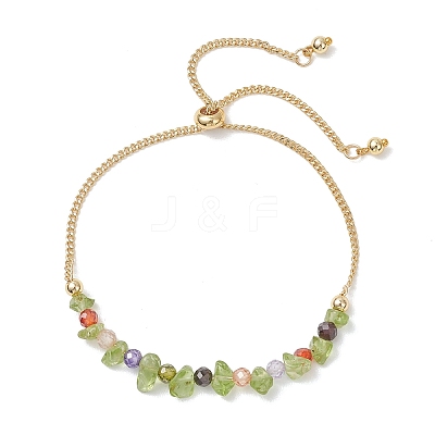 Natural Peridot Chip & Cubic Zirconia Bead Slider Bracelets for Women BJEW-JB13284-1