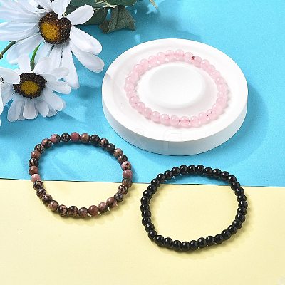 3Pcs 3 Style Natural Rhodonite & Black Agate & Rose Quartz Round Beaded Stretch Bracelets Set PW23030761414-1