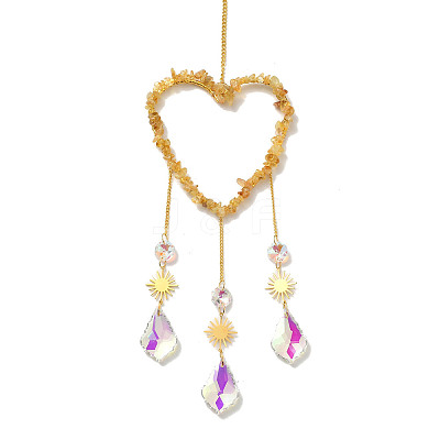 Heart Natural Yellow Quartz Chips Hanging Ornaments HJEW-G024-01C-1