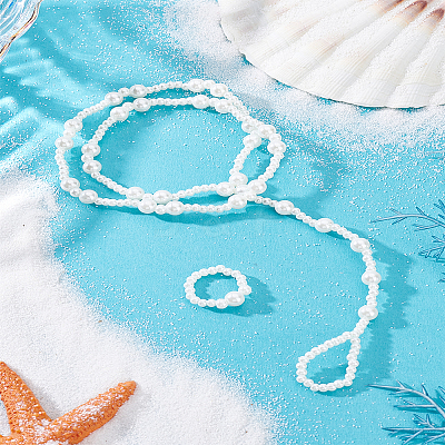 ABS Imitation Pearl Round Beaded Anklets & Rings Sets AJEW-LP0007-60-1
