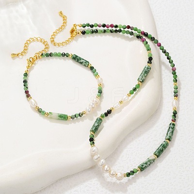 Faceted Round Natural Ruby in Zoisite & Column Green Spot Jasper & Freshwater Pearl Beaded Necklaces & Bracelets Sets for Women ZI1839-3-1