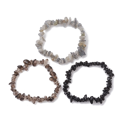 3Pcs Natural Smoky Quartz & Natural Obsidian & Natural Labradorite Chip Beaded Stretch Bracelet Sets BJEW-JB10860-1