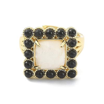 Synthetic Moonstone & Natural Black Agate Gemstone Rectangle Adjustable Ring RJEW-B030-01A-04-1