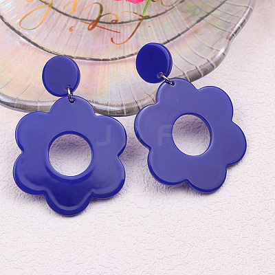 Flower with Flat Round Opaque Acrylic Dangle Stud Earrings FS-WG69462-11-1