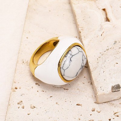 Oval 304 Stainless Steel with Natural Howlite Finger Rings FS-WGC5475-09-1