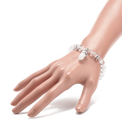 Natural Quartz Crystal Round Beaded Stretch Bracelet with Bullet Charms BJEW-JB09018-03-1