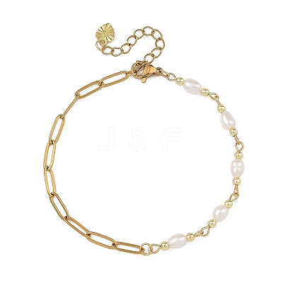 Natural Pearl Two Sides Polished Beaded Chain Bracelets with 304 Stainless Steel Paperclip Chains BJEW-JB14234-03-1