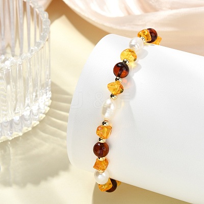 Natural Amber & Cultured Freshwater Pearl Beaded Stretch Bracelets for Women BJEW-JB13699-02-1