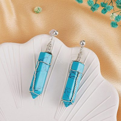 Synthetic Turquoise Bullet Dangle Stud Earrings EJEW-PH01406-02-1