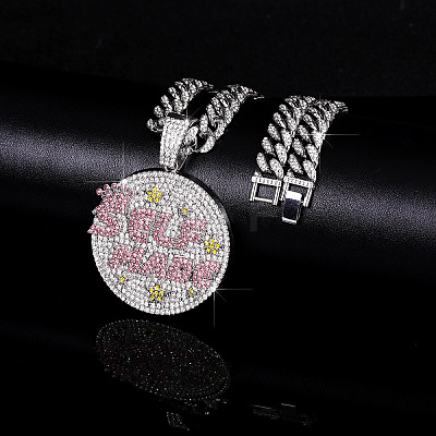 Hip-Hop Alloy Full Crystal and Rose Rhinestone Self Made Medal Pendant Cuban Link Chain Necklaces for Men Women FS-WG8D003-01-1